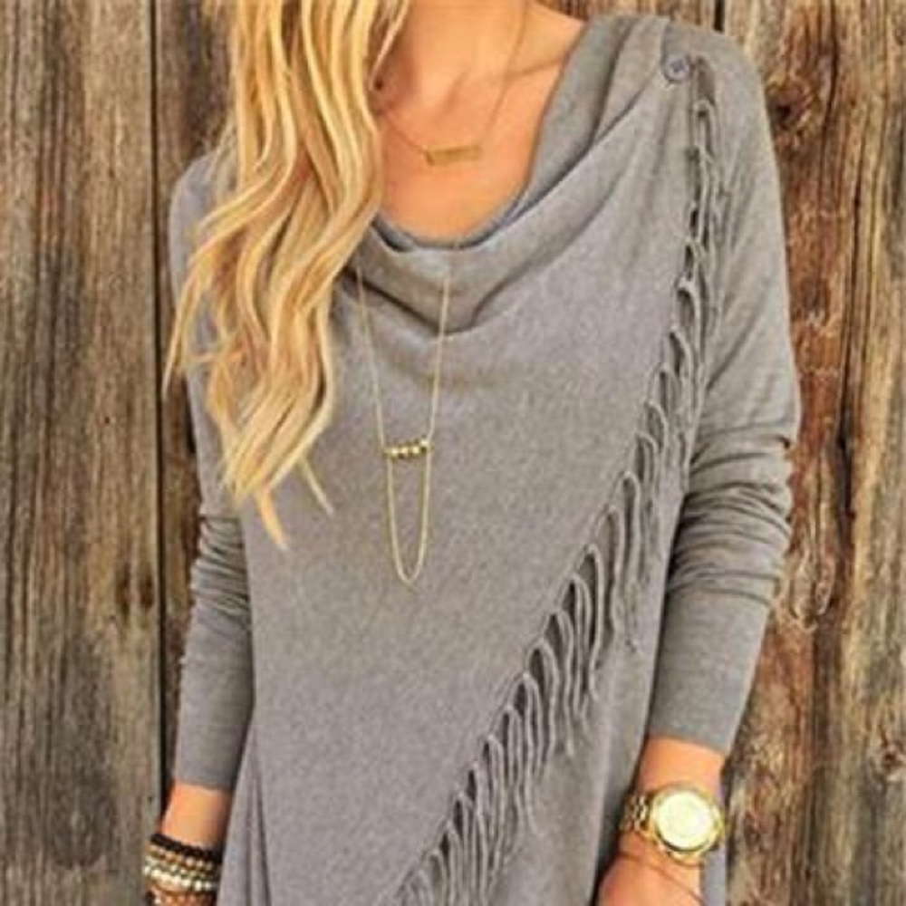 gray single button tassel asymmetrical hem coat